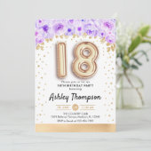 Invitation 18e fête d'anniversaire - Ballons d'or violet (Debout devant)