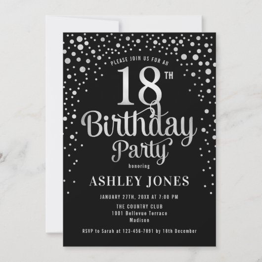 Invitation 18e fête d'anniversaire - Black & Silver (Devant)