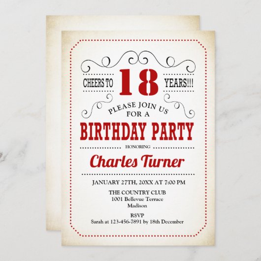 Invitation 18e fête d'anniversaire - Retro Crémeux Blanc et R (Devant / Derrière)