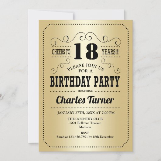 Invitation 18e fête d'anniversaire - Retro Gold Black (Devant)