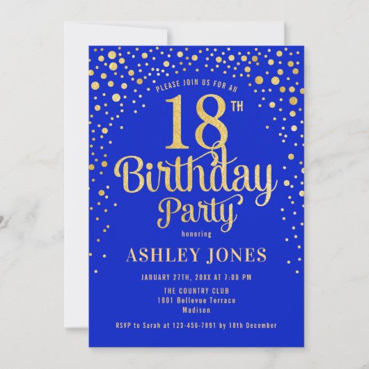 Invitation 18e fête d'anniversaire - Royal Blue & Gold (Devant)