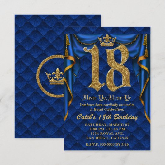 Invitation 18E fête d'anniversaire Royal Blue Gold Crown (Devant / Derrière)
