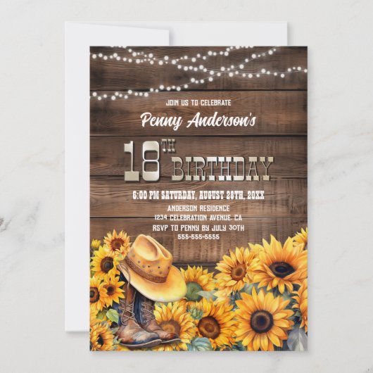 Invitation 18e fête d'anniversaire Tournesol en bois rustique (Devant)