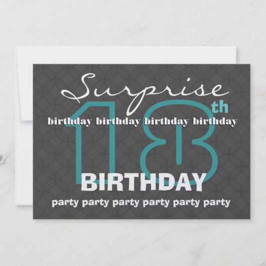 Invitation 18e SURPRISE Anniversaire Charbon Turquoise modern (Devant)