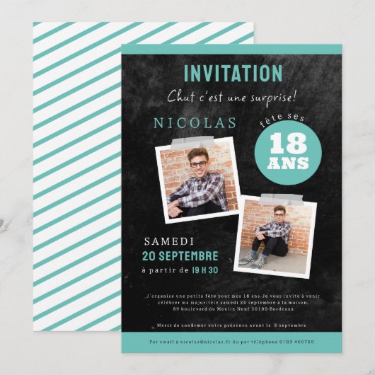  invitation 18ème anniversaire,noir deux photos (Devant / Derrière)