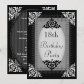 Invitation 18ème anniversaire noir et argenté élégant (Devant / Derrière)