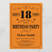 18ème Noir et orange d'invitation d'anniversaire