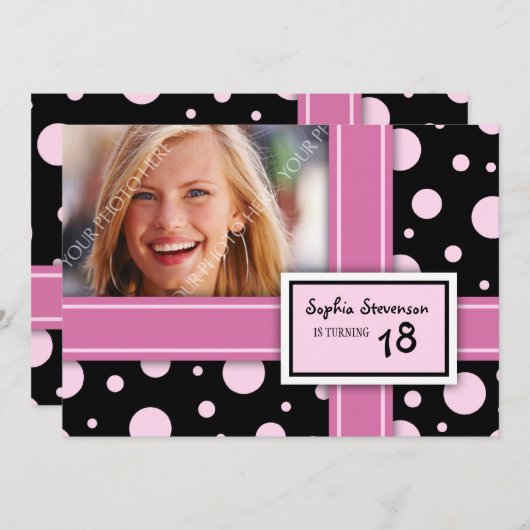 Invitation 18ème Points de noir de rose d'invitation de fête (Devant / Derrière)