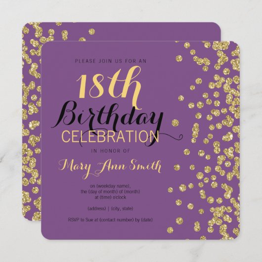 Invitation 18ème Pourpre de confettis de parties (Devant / Derrière)