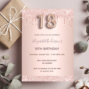 Invitation 18th birthday rose gold glitter drips pink glam