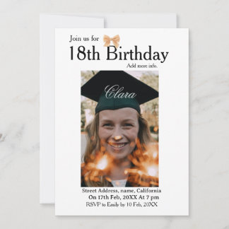 Invitation 18th birthday simple minimal bow white photo name