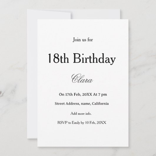 Invitation 18th birthday simple name minimal black white (Devant)