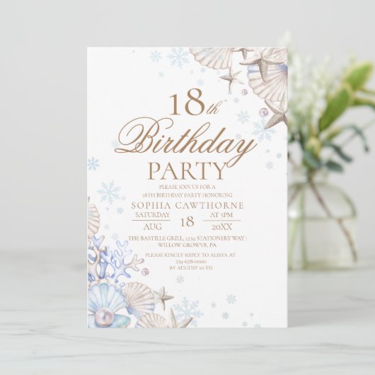 Invitation 18th Birthday Winter Beach Shells Party (Debout devant)