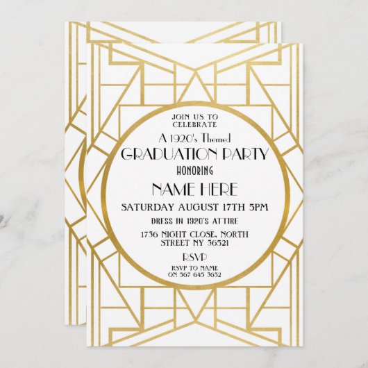 Invitation 1920 Art Déco Graduation Party Gatsby Gold Invitat (Devant / Derrière)
