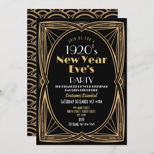 Invitation 1920s New Year Party Art Deco Black Gold (Devant / Derrière)