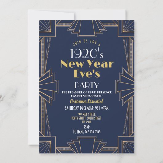 Invitation 1920s New Year Party Art Deco Navy Gold (Devant)