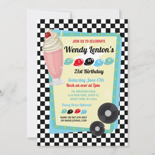 Invitation 1950 Diner Anniversaire Milkshake Cinquante Invita (Devant)