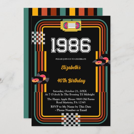 Invitation 1986 Retro Cassette Disco 40th Birthday (Devant / Derrière)