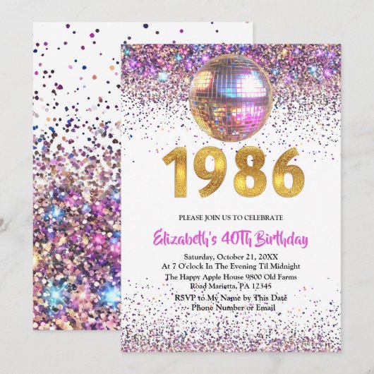Invitation 1986 Trendy Glitter Disco 40th Birthday (Devant / Derrière)