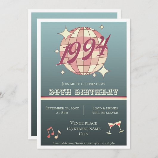 Invitation 1994 30e anniversaire rétro bleu foncé (Devant / Derrière)
