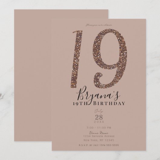 Invitation 19e 19 Anniversaire Rose rose Blush Parties scinti (Devant / Derrière)