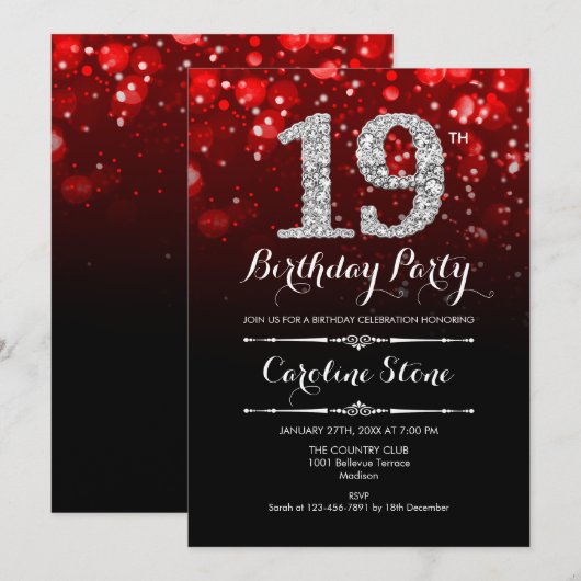 Invitation 19e anniversaire - Argent Noir Rouge (Devant / Derrière)