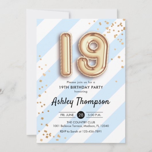 Invitation 19e anniversaire - Ballons Bleus Bleus Or (Devant)