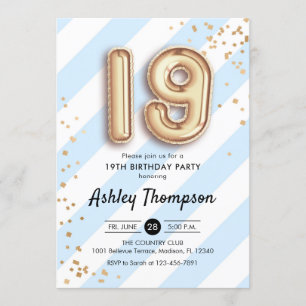 Invitation 19e anniversaire - Ballons Bleus Bleus Or