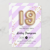 Invitation 19e anniversaire - Ballons d'or à rayures violette (Devant / Derrière)