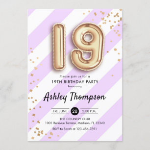 Invitation 19e anniversaire - Ballons d'or à rayures violette