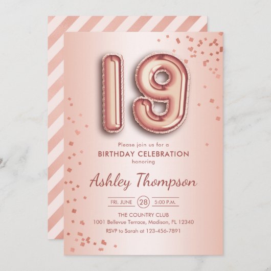 Invitation 19e anniversaire - Ballons d'or Rose (Devant / Derrière)