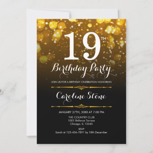 Invitation 19e anniversaire - Black White Gold (Devant)