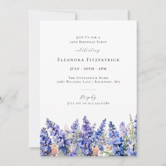 Invitation 19e anniversaire Bleu Larkspur Juillet Fleur de na (Devant)
