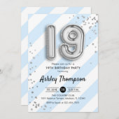 Invitation 19e anniversaire - Bleus et Ballons d'argent (Devant / Derrière)