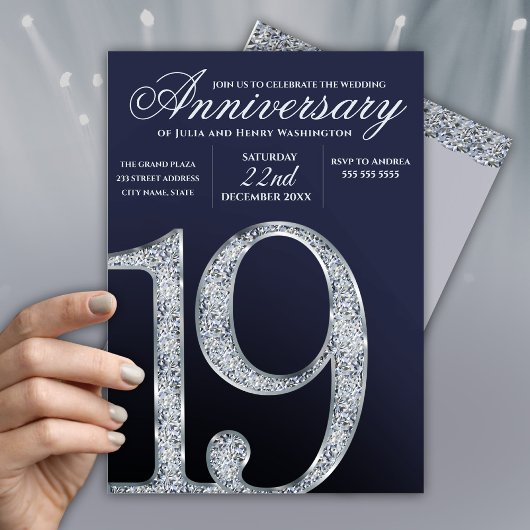 Invitation 19e Anniversaire Diamant Argent Bleu Foncé Ans
