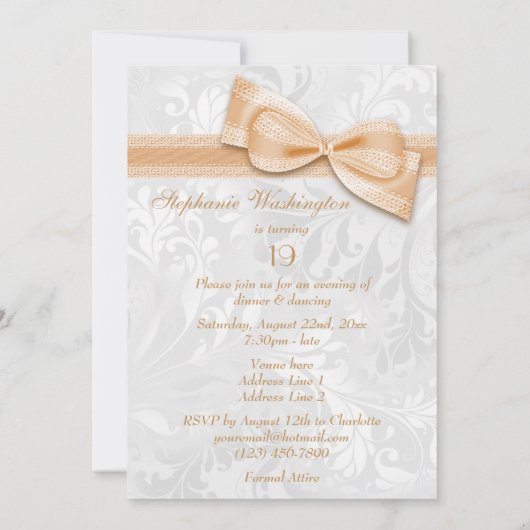 Invitation 19e anniversaire fête Damask et Faux Bow (Dos)