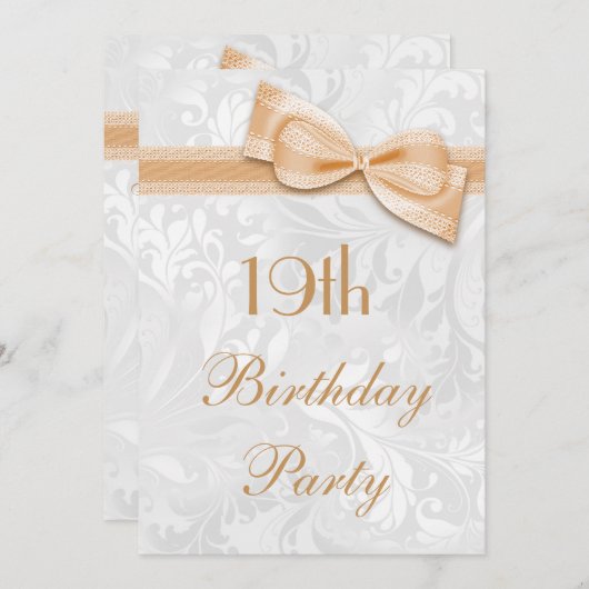 Invitation 19e anniversaire fête Damask et Faux Bow (Devant / Derrière)