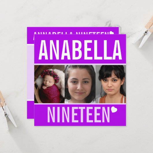 Invitation 19e anniversaire fête fête célébration photo viole (Devant/Arrière en situation)