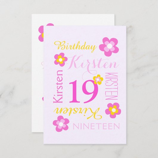 Invitation 19e anniversaire fleur graphique jaune rose surpri (Devant / Derrière)