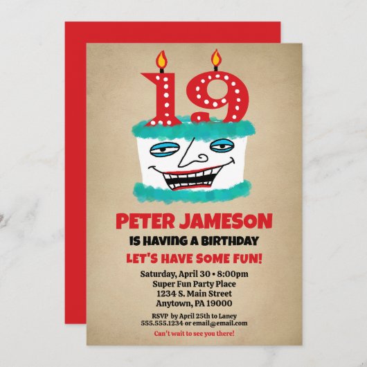 Invitation 19e anniversaire Funny Cake Mens Décont (Devant / Derrière)