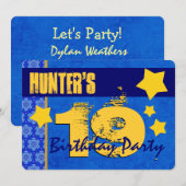 Invitation 19e anniversaire Moderne pour lui Bleu et Or W13B (Devant / Derrière)