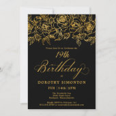Invitation 19e anniversaire Rose d'or Floral Black (Devant)