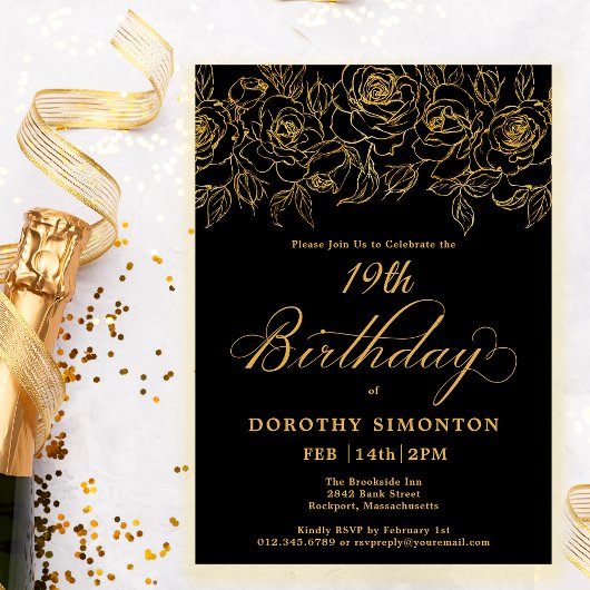 Invitation 19e anniversaire Rose d'or Floral Black