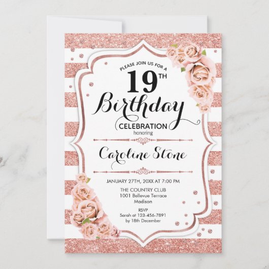 Invitation 19e anniversaire - Rose Gold White Stripes (Devant)