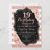 Invitation 19e anniversaire Rose noir Or et blanc rayures (Devant)