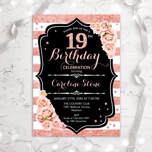 Invitation 19e anniversaire Rose noir Or et blanc rayures