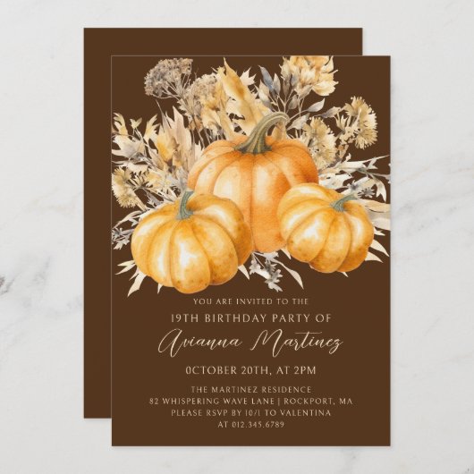 Invitation 19e anniversaire Rustic Boho Citrouille automne Fo (Devant / Derrière)