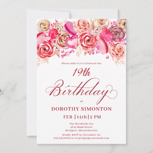 Invitation 19e anniversaire Valentine Rose Rose Coeur Tourbil (Devant)