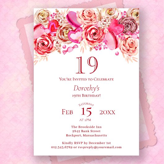 Invitation 19e anniversaire Valentine Rose Rose Coeur Tourbil