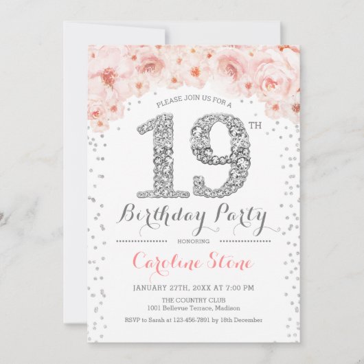 Invitation 19e fête d'anniversaire - Blanc Argent rose (Devant)